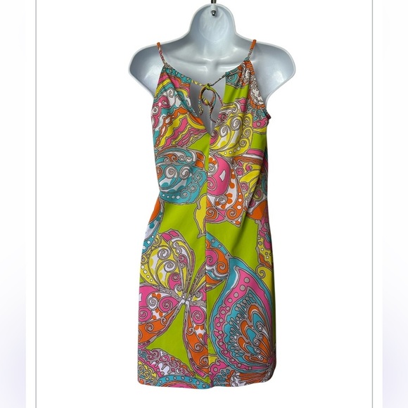 Trina Turk Butterfly Print Halter Dress Vivid Multicolor Excellent Size M - Picture 3 of 8